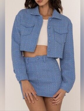 BNWT Blue Tweed Cropped Jacket and Mini Skirt Set